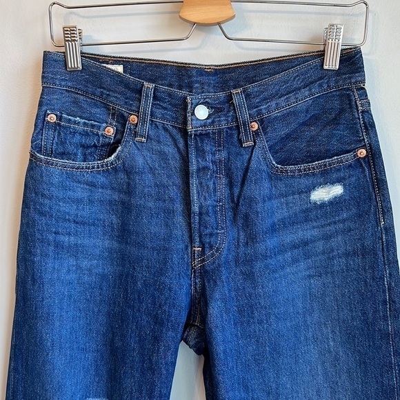 Levi’s 501 Dark Wash Distressed High Rise Straight Leg Cropped Jeans SZ 27 - Picture 6 of 12